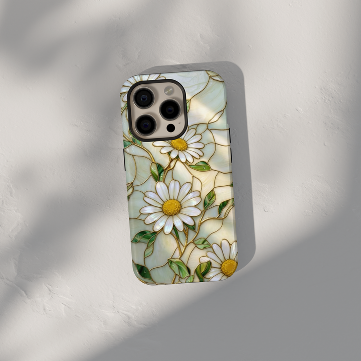 White daisy floral iPhone 17 Pro Max case with gold detailing and pearl background, aesthetic MagSafe tough case.