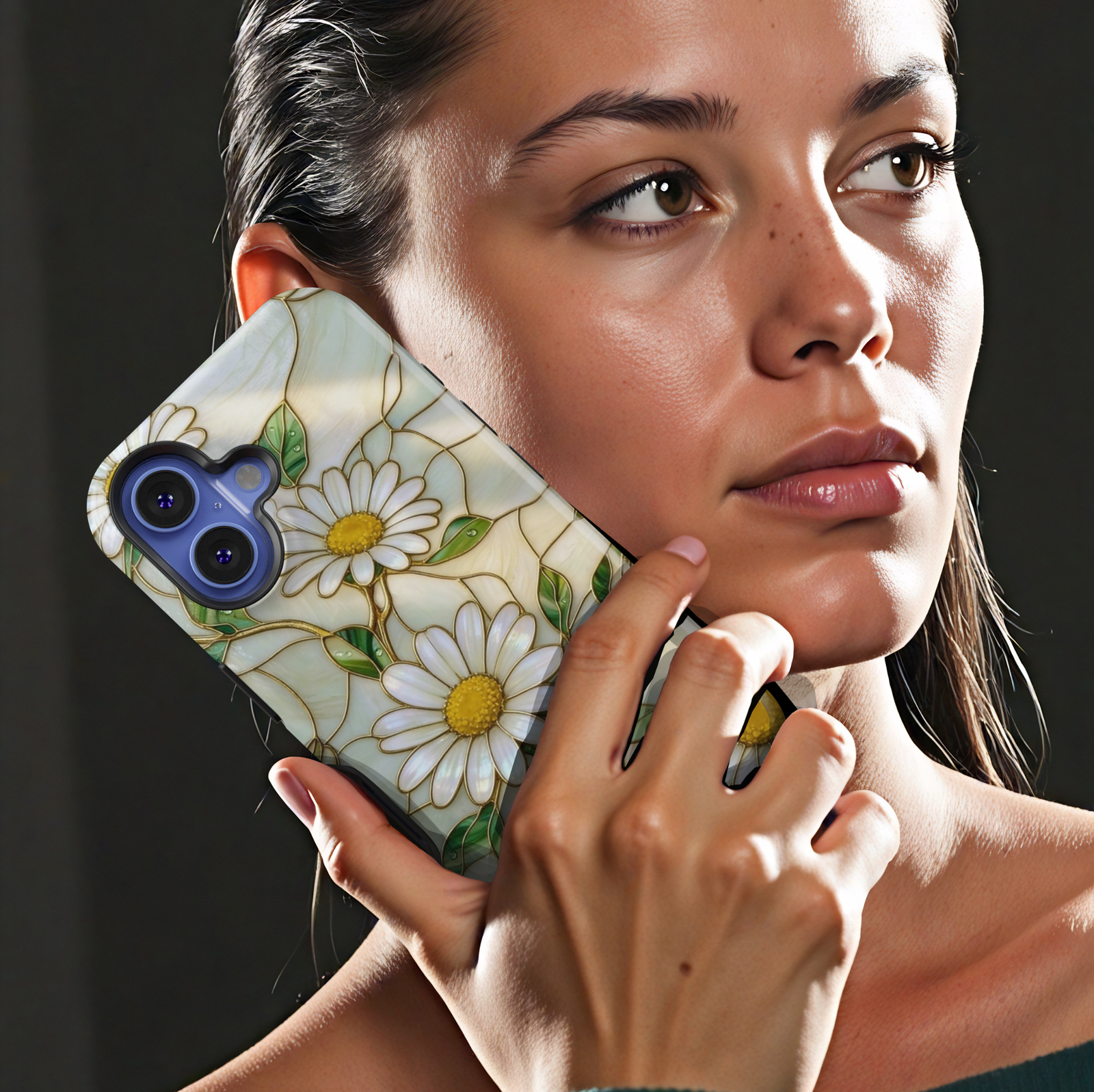 White daisy floral iPhone 17 Pro Max case with gold detailing and pearl background, aesthetic MagSafe tough case.