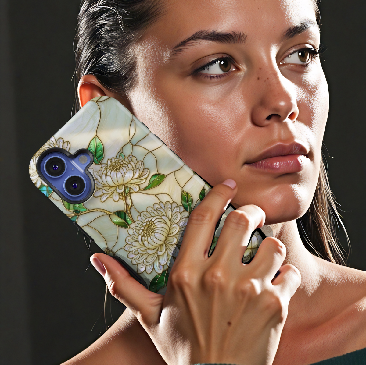 Ivory floral iPhone 17 Pro Max case with white chrysanthemum flowers and gold detailing, pearl aesthetic MagSafe tough case.