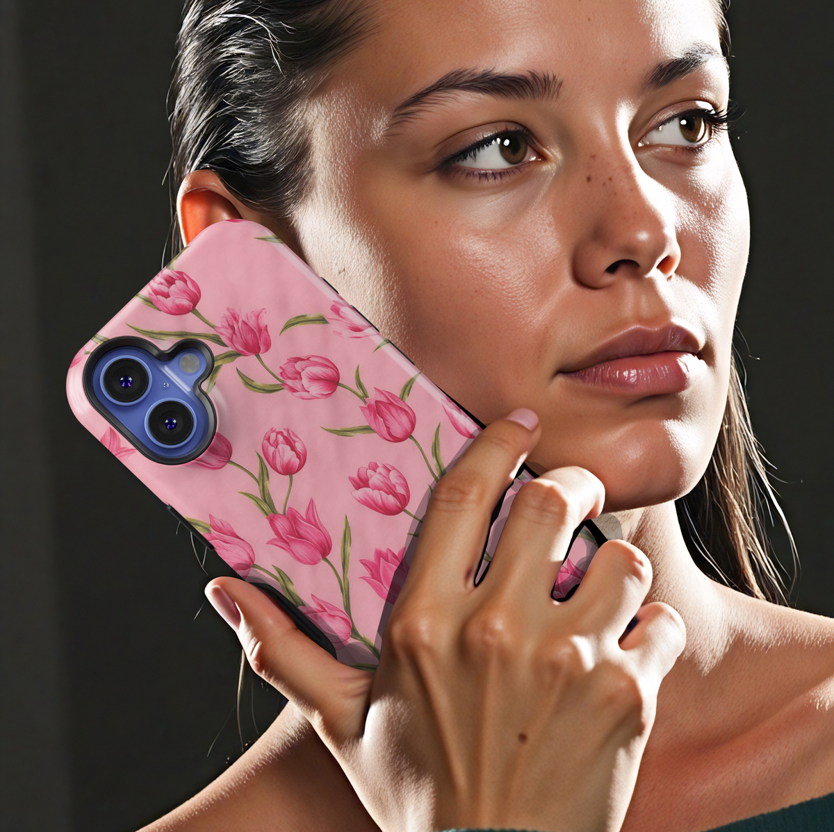 Pink tulip floral iPhone 17 Pro Max case with soft blush background, aesthetic MagSafe tough case for women.