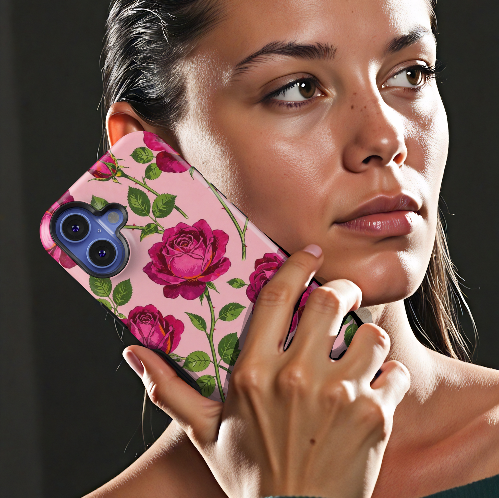 Pink rose floral iPhone 17 Pro Max case with bold red roses on blush background, aesthetic MagSafe tough case for women.