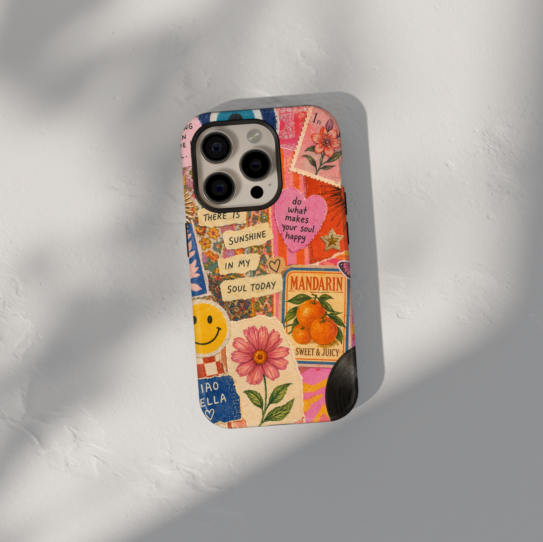 Aesthetic collage iPhone 17 Pro Max case with vintage stickers, smiley face, floral art and motivational quotes, MagSafe tough case.