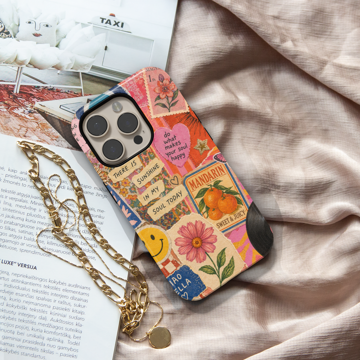 Aesthetic collage iPhone 17 Pro Max case with vintage stickers, smiley face, floral art and motivational quotes, MagSafe tough case.