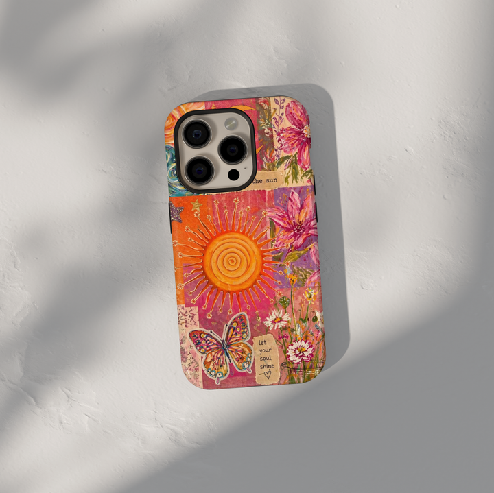 Boho sun aesthetic iPhone 17 Pro Max case with golden sun, floral collage, butterfly and inspirational quote, MagSafe tough case.