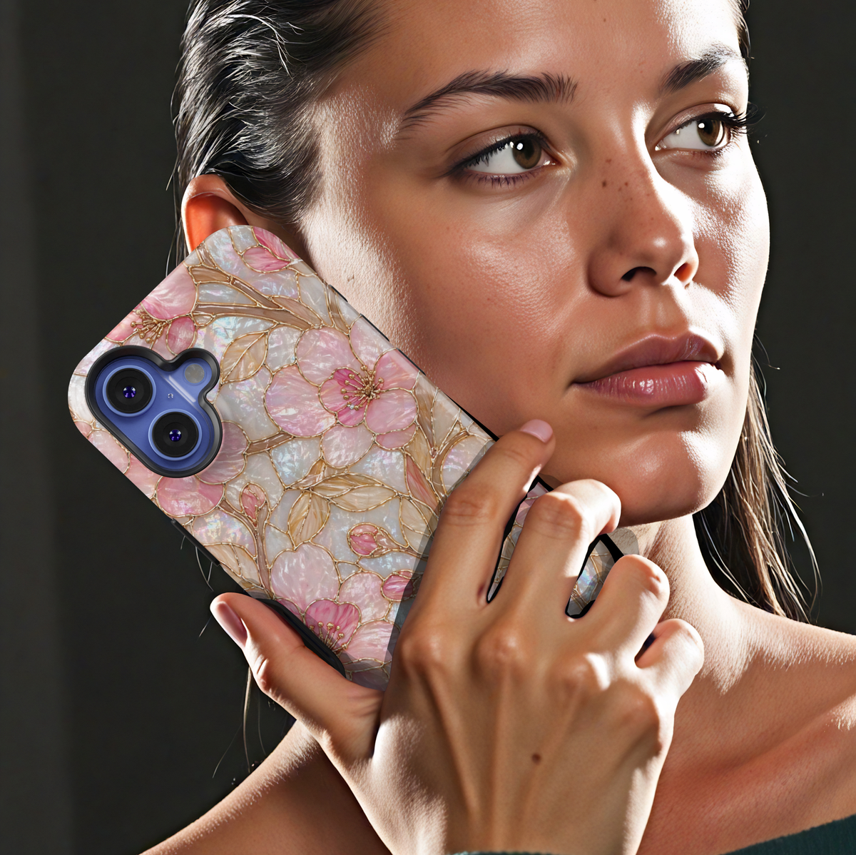 Pink floral iPhone 17 Pro Max case with pearl iridescent background and gold detailing, aesthetic MagSafe tough case.