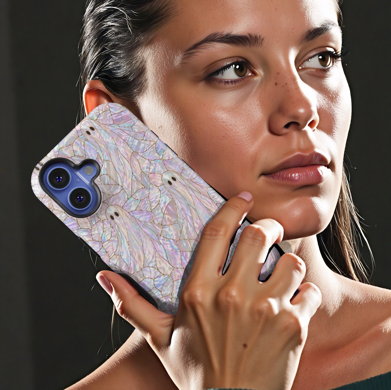 Cute ghost iPhone 17 Pro Max case with iridescent opal background and gold detailing, aesthetic Halloween MagSafe tough case.