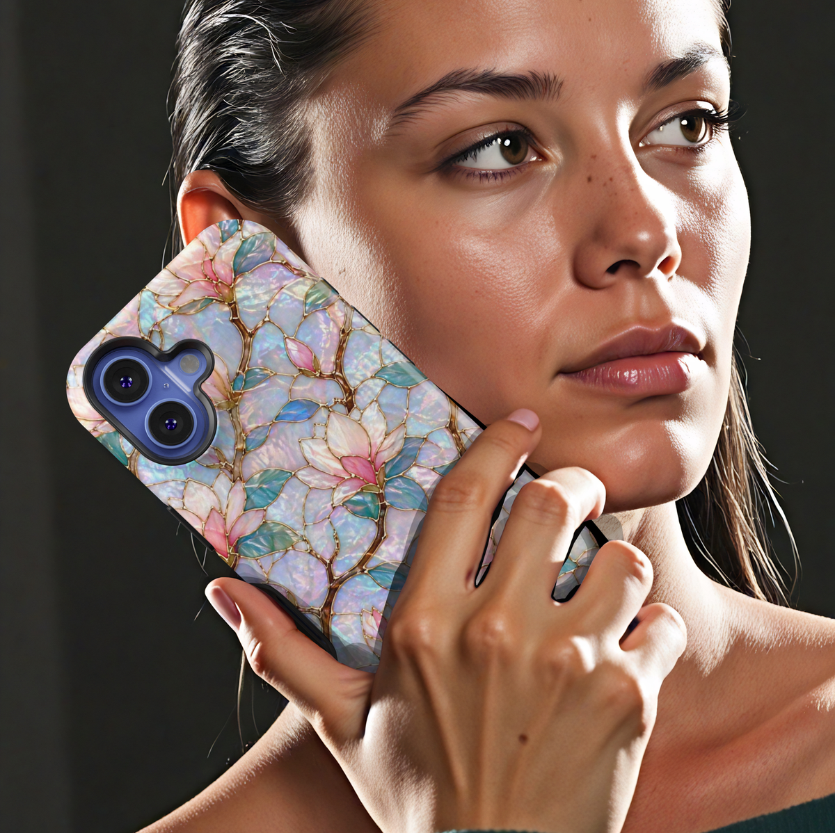 Magnolia floral iPhone 17 Pro Max case with iridescent opal background and gold detailing, aesthetic MagSafe tough case.