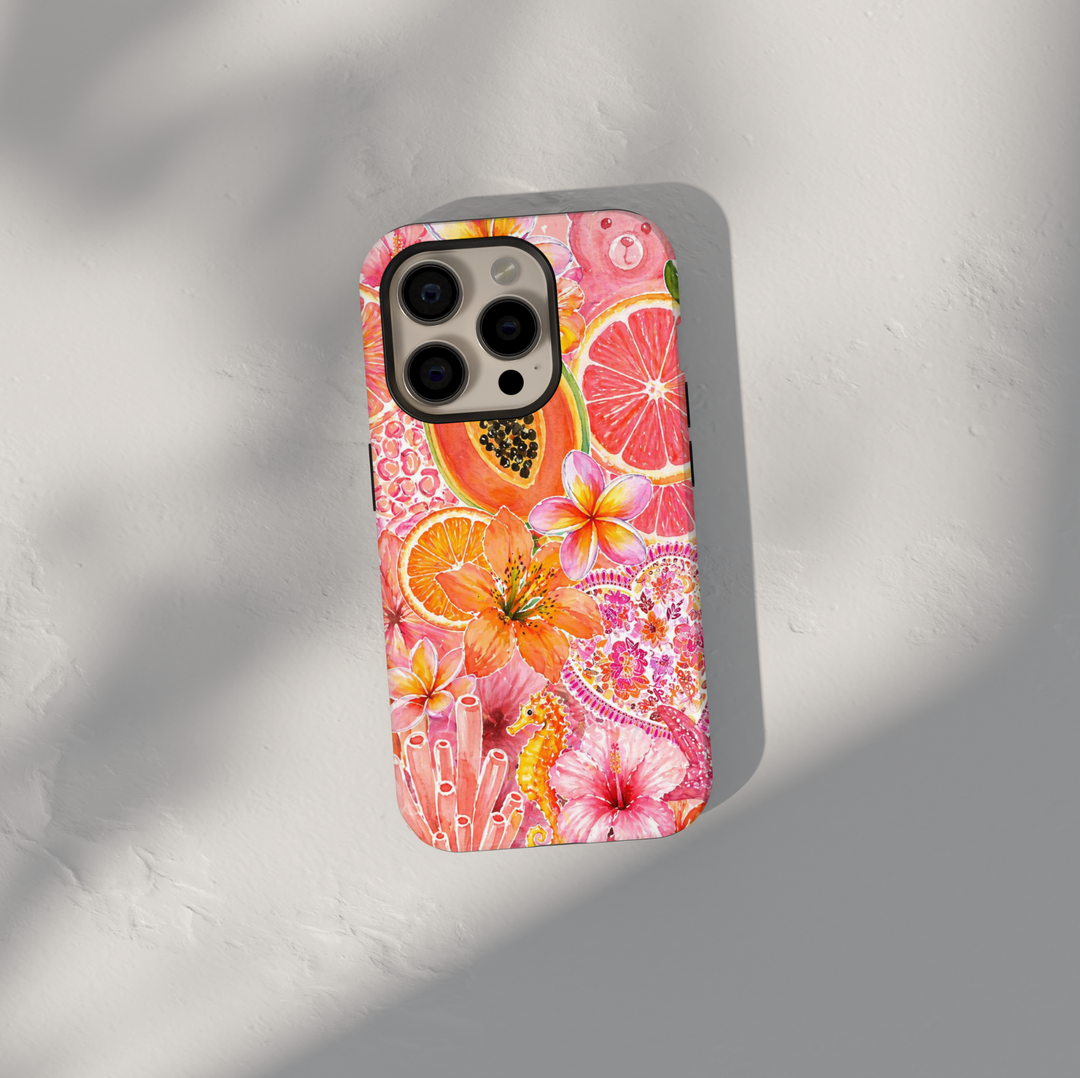 Tropical fruit floral iPhone 17 Pro Max case with papaya, citrus, hibiscus flowers and pink summer aesthetic MagSafe tough case.