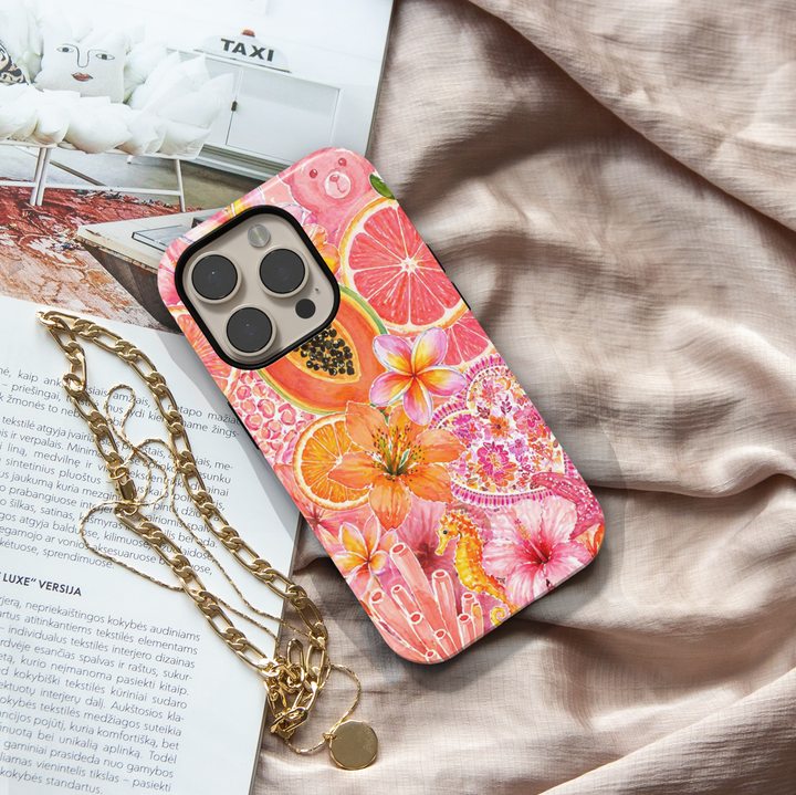 Tropical fruit floral iPhone 17 Pro Max case with papaya, citrus, hibiscus flowers and pink summer aesthetic MagSafe tough case.