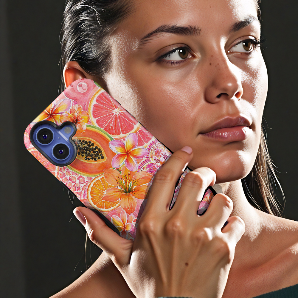 Tropical fruit floral iPhone 17 Pro Max case with papaya, citrus, hibiscus flowers and pink summer aesthetic MagSafe tough case.