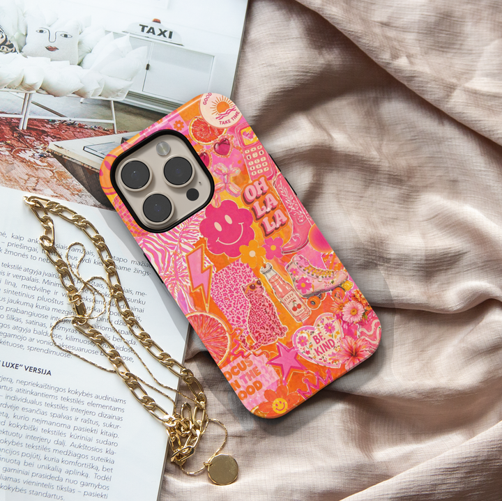 Cute aesthetic collage iPhone 17 Pro Max case with pink orange retro graphics, smiley face, flowers and trendy girly design MagSafe tough case.