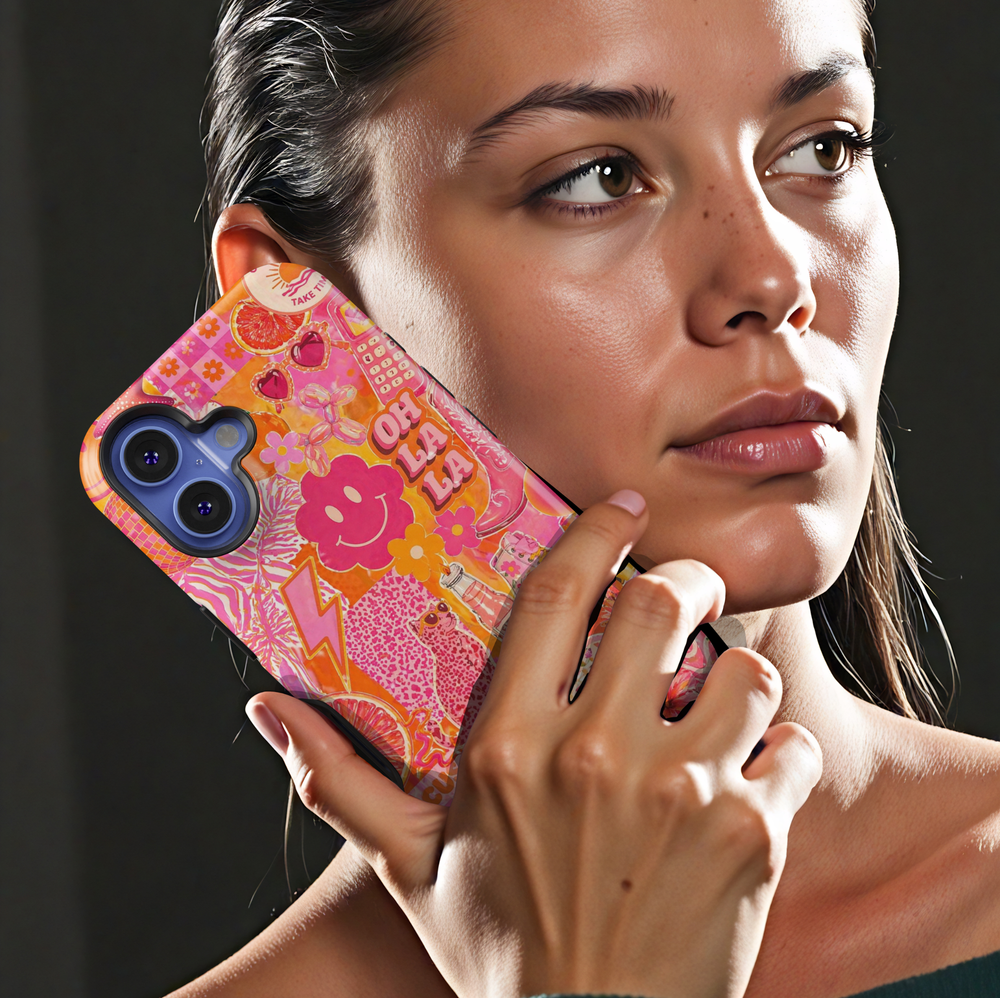 Cute aesthetic collage iPhone 17 Pro Max case with pink orange retro graphics, smiley face, flowers and trendy girly design MagSafe tough case.
