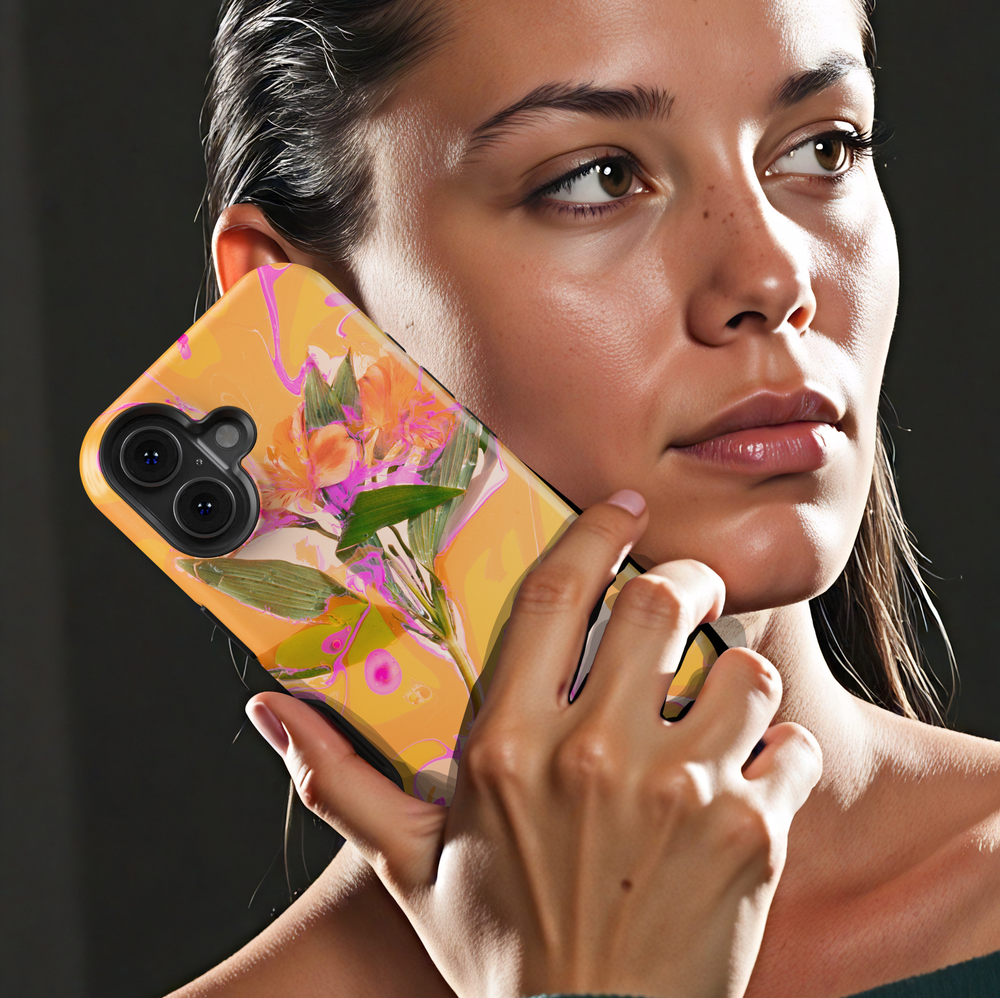 Abstract floral iPhone case featuring vibrant orange flowers with yellow and pink marbled artwork in a modern botanical design.
