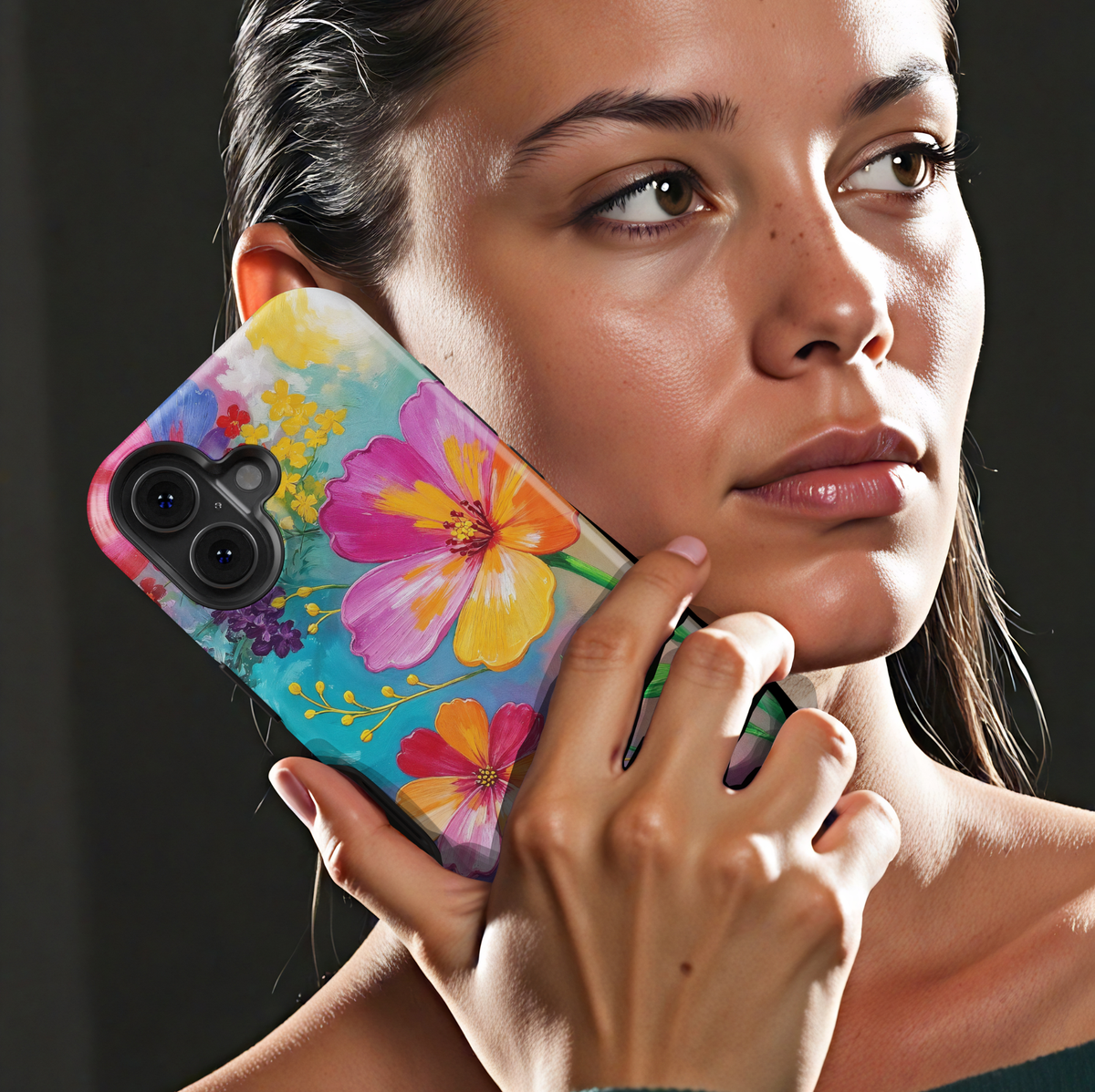 Colorful floral iPhone case featuring vibrant hand-painted flowers in pink, orange, yellow, and purple with a bright botanical garden design.