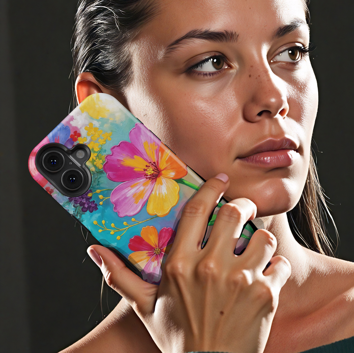 Colorful floral iPhone case featuring vibrant hand-painted flowers in pink, orange, yellow, and purple with a bright botanical garden design.