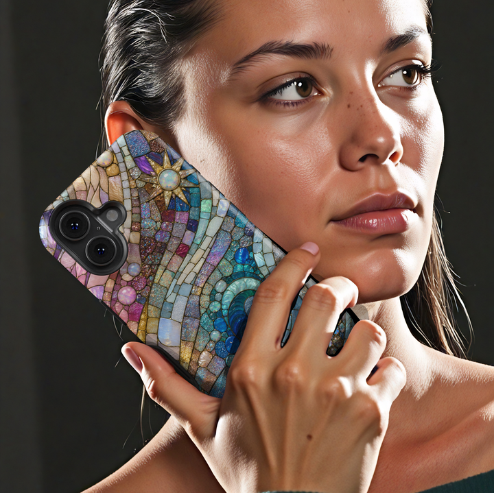 Blue ocean wave iPhone case featuring stained glass mosaic artwork with shimmering pearls, pastel skies, and coastal-inspired abstract design.