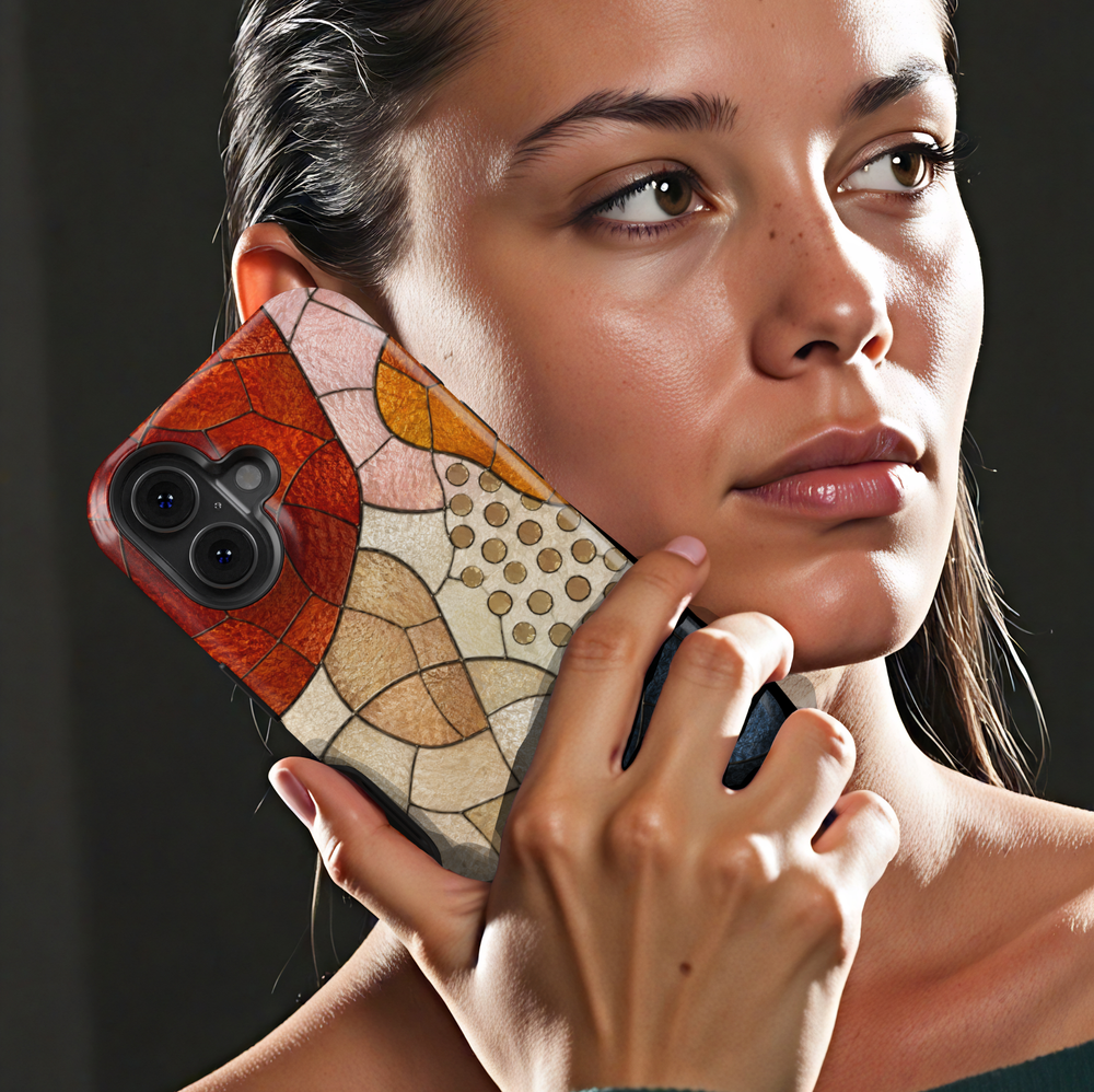 Modern abstract iPhone case featuring neutral geometric mosaic shapes in terracotta, cream, caramel, and navy tones.