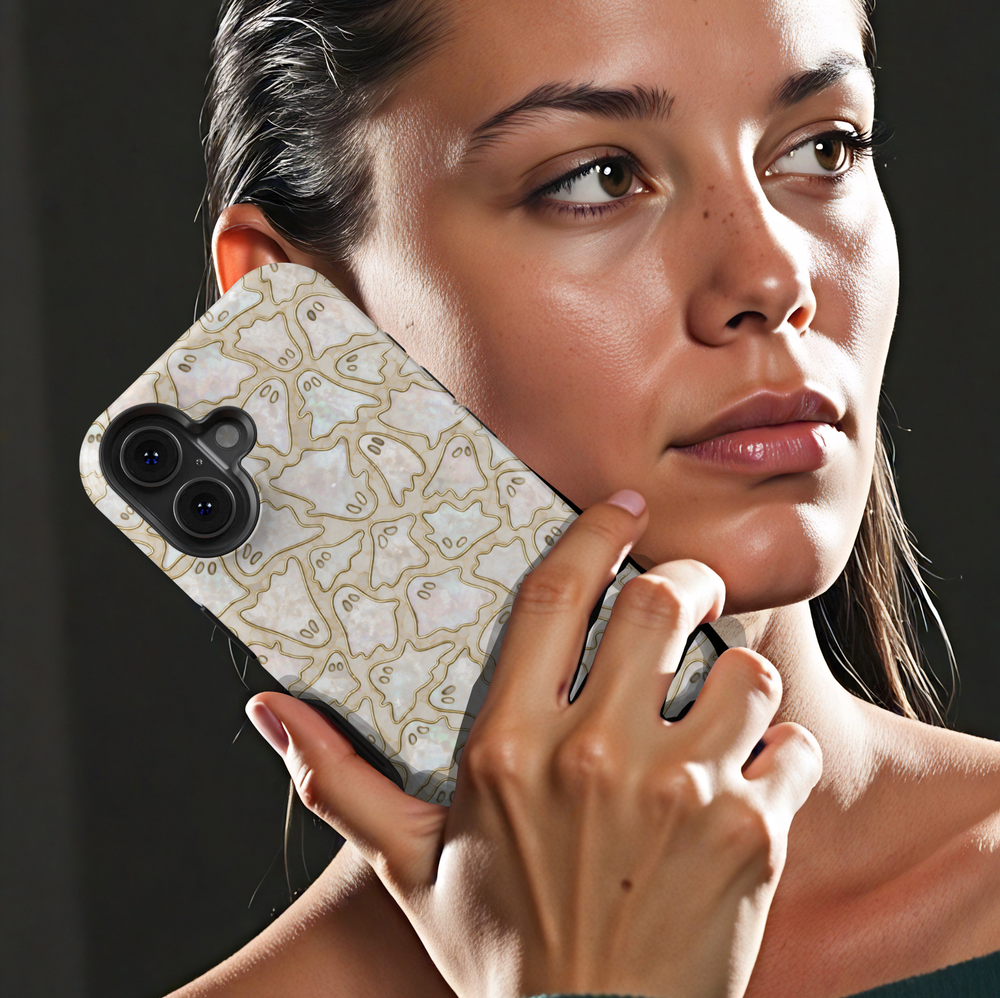 Cute ghost iPhone case featuring tiny ghost illustrations on a pearlescent opal background with elegant gold outlines.