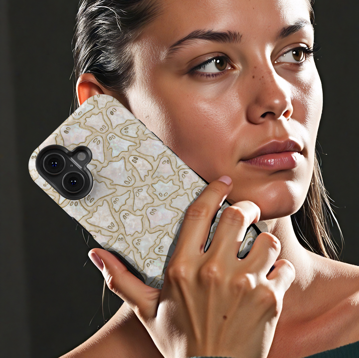 Cute ghost iPhone case featuring tiny ghost illustrations on a pearlescent opal background with elegant gold outlines.