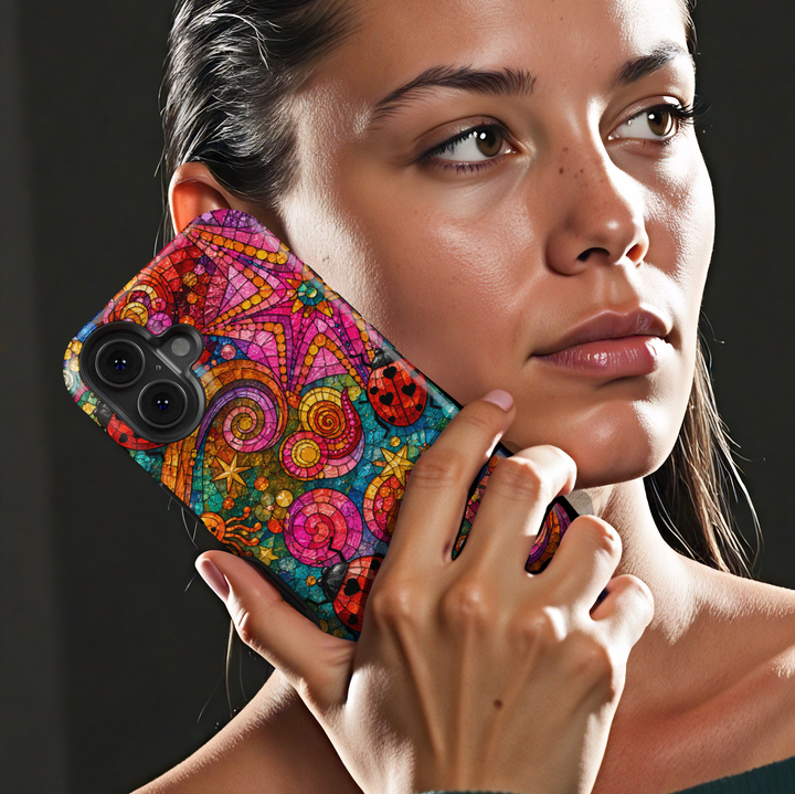 Colorful stained glass iPhone case featuring ladybugs, swirling patterns, stars, and whimsical mosaic artwork.