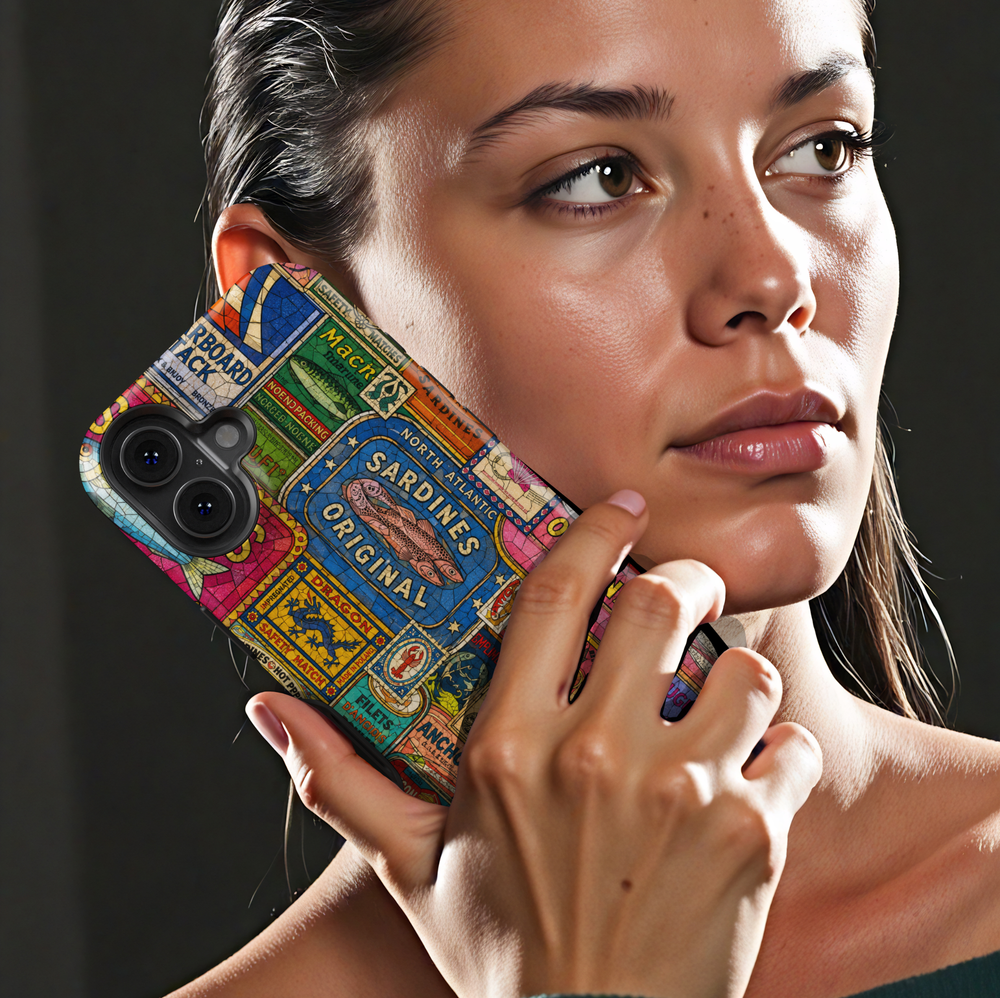 Vintage sardine tin iPhone case featuring colorful retro seafood labels and coastal-inspired collage artwork.