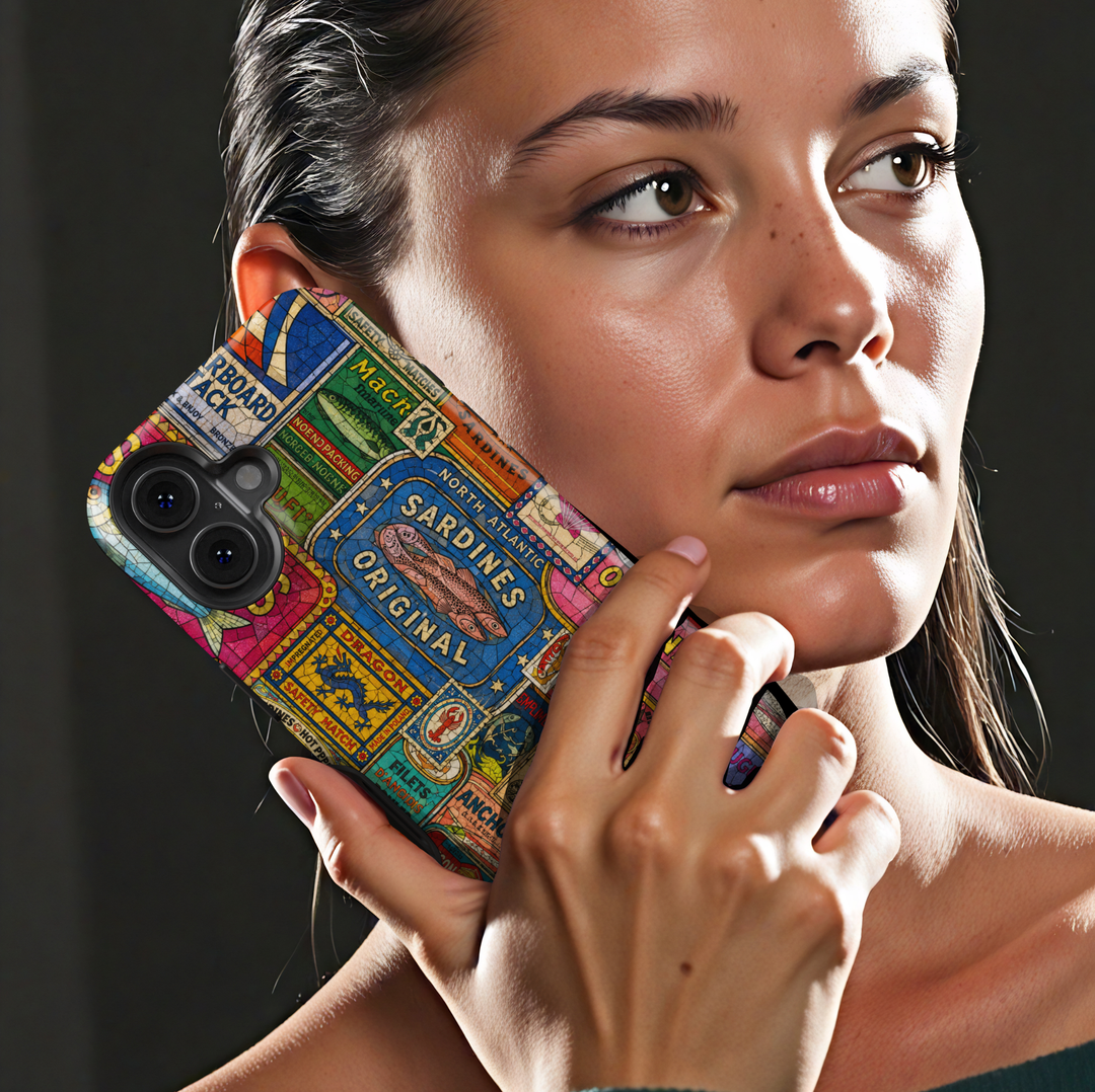 Vintage sardine tin iPhone case featuring colorful retro seafood labels and coastal-inspired collage artwork.