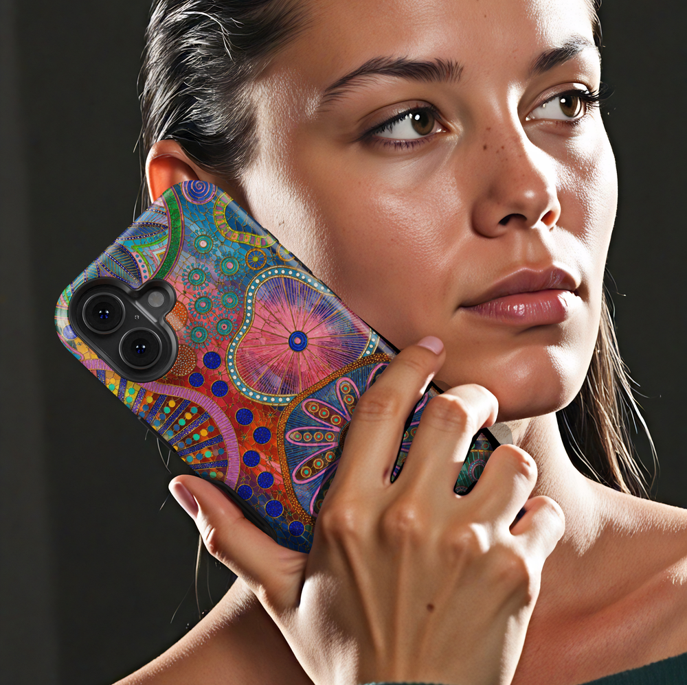 Colorful boho floral iPhone case featuring abstract flowers, vibrant geometric patterns, and artistic botanical design.