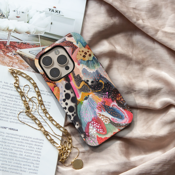 Colorful abstract iPhone case featuring playful squiggles, organic shapes, modern artistic patterns, and vibrant contemporary artwork.