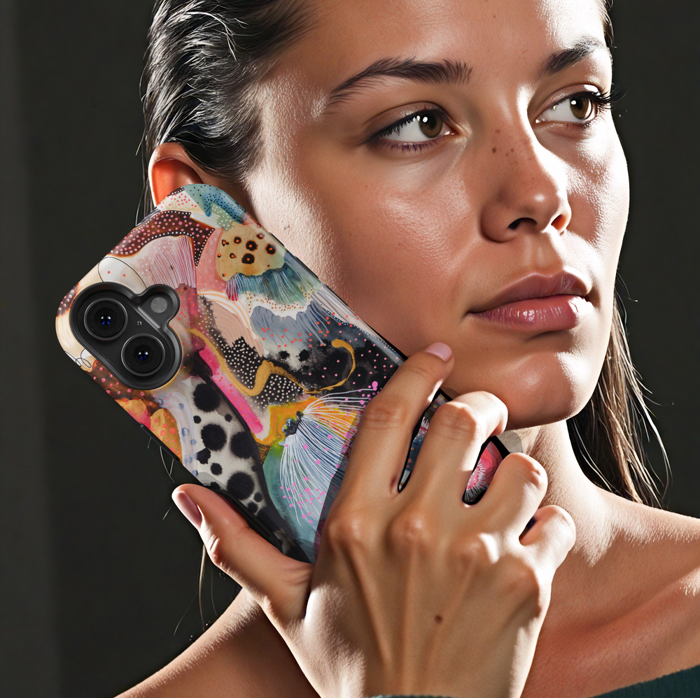 Colorful abstract iPhone case featuring playful squiggles, organic shapes, modern artistic patterns, and vibrant contemporary artwork.