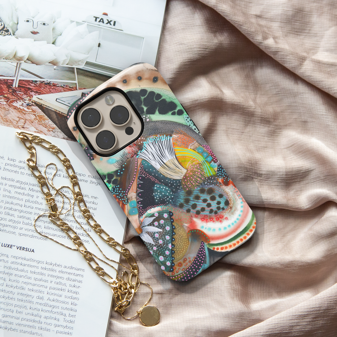Colorful abstract iPhone case featuring playful squiggles, organic shapes, modern artistic patterns, and vibrant contemporary artwork.