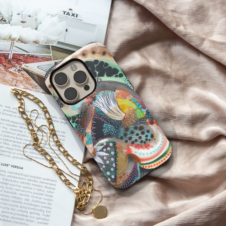 Colorful abstract iPhone case featuring playful squiggles, organic shapes, modern artistic patterns, and vibrant contemporary artwork.