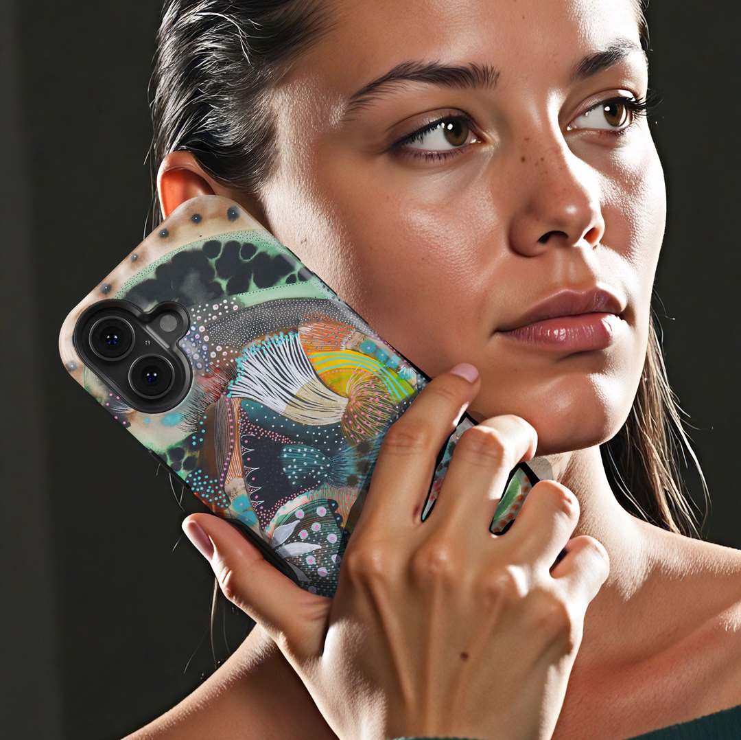 Colorful abstract iPhone case featuring playful squiggles, organic shapes, modern artistic patterns, and vibrant contemporary artwork.