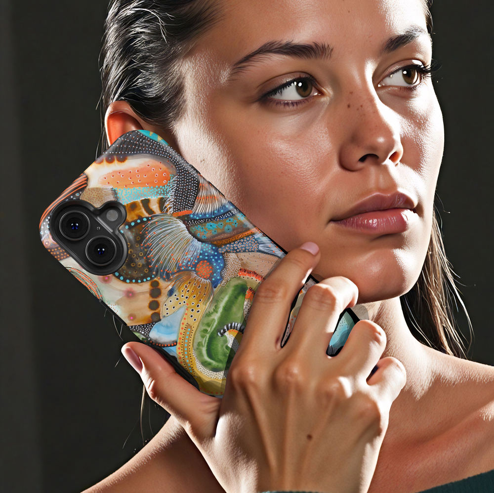 Colorful abstract iPhone case featuring playful squiggles, organic shapes, modern artistic patterns, and vibrant contemporary artwork.
