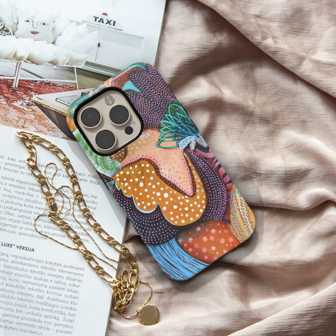 Abstract woman iPhone case featuring colorful modern portrait artwork with boho patterns, textured details, and artistic contemporary design.