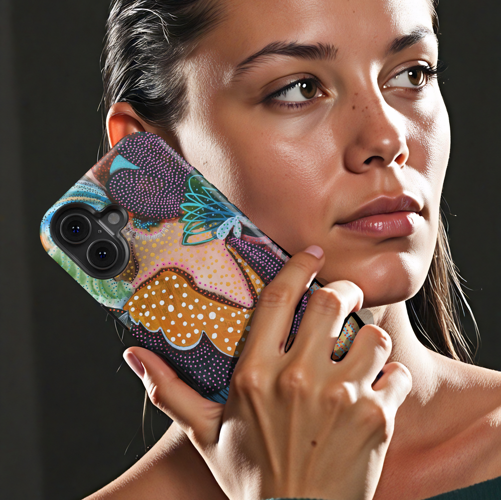 Abstract woman iPhone case featuring colorful modern portrait artwork with boho patterns, textured details, and artistic contemporary design.