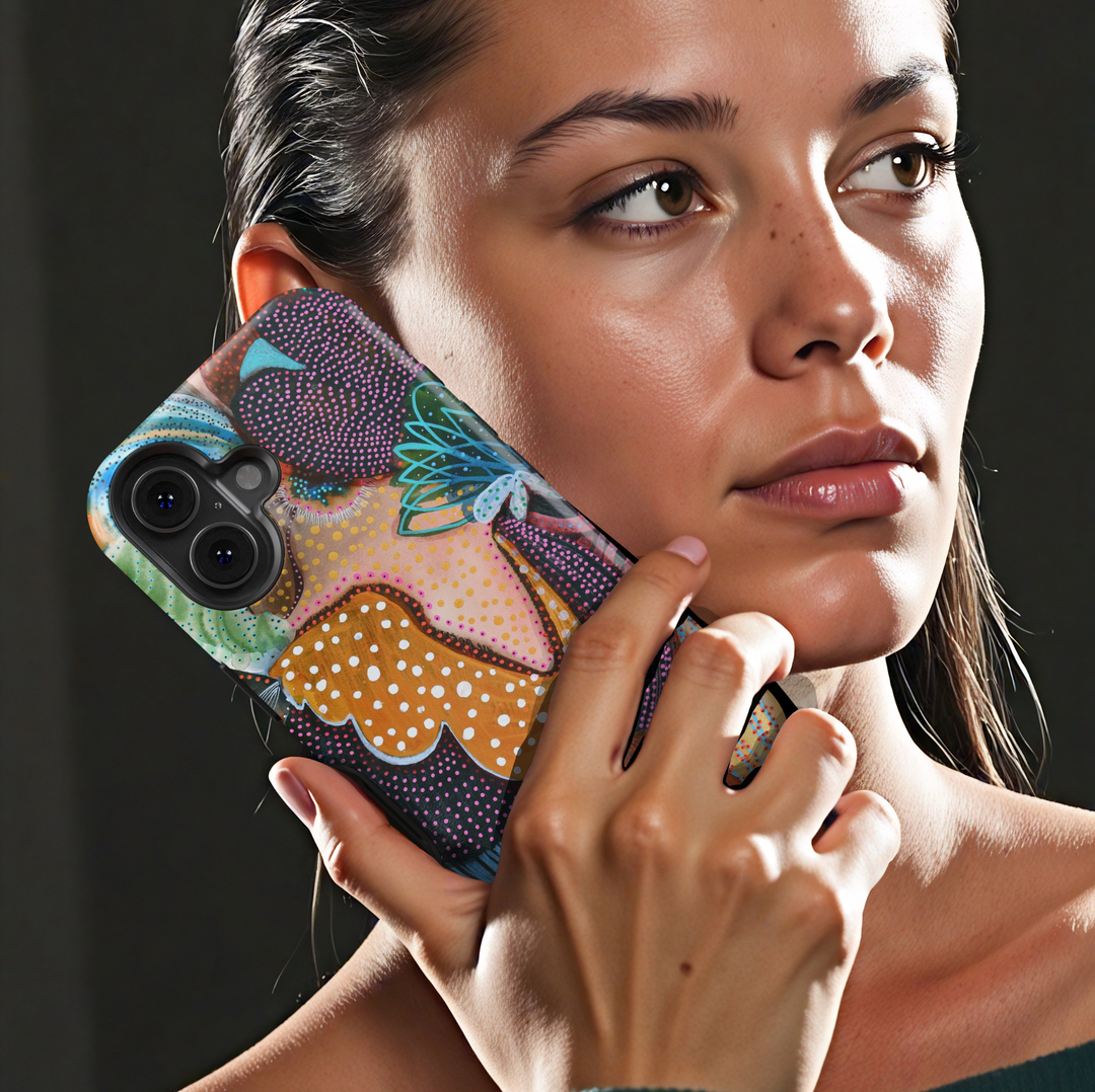 Abstract woman iPhone case featuring colorful modern portrait artwork with boho patterns, textured details, and artistic contemporary design.
