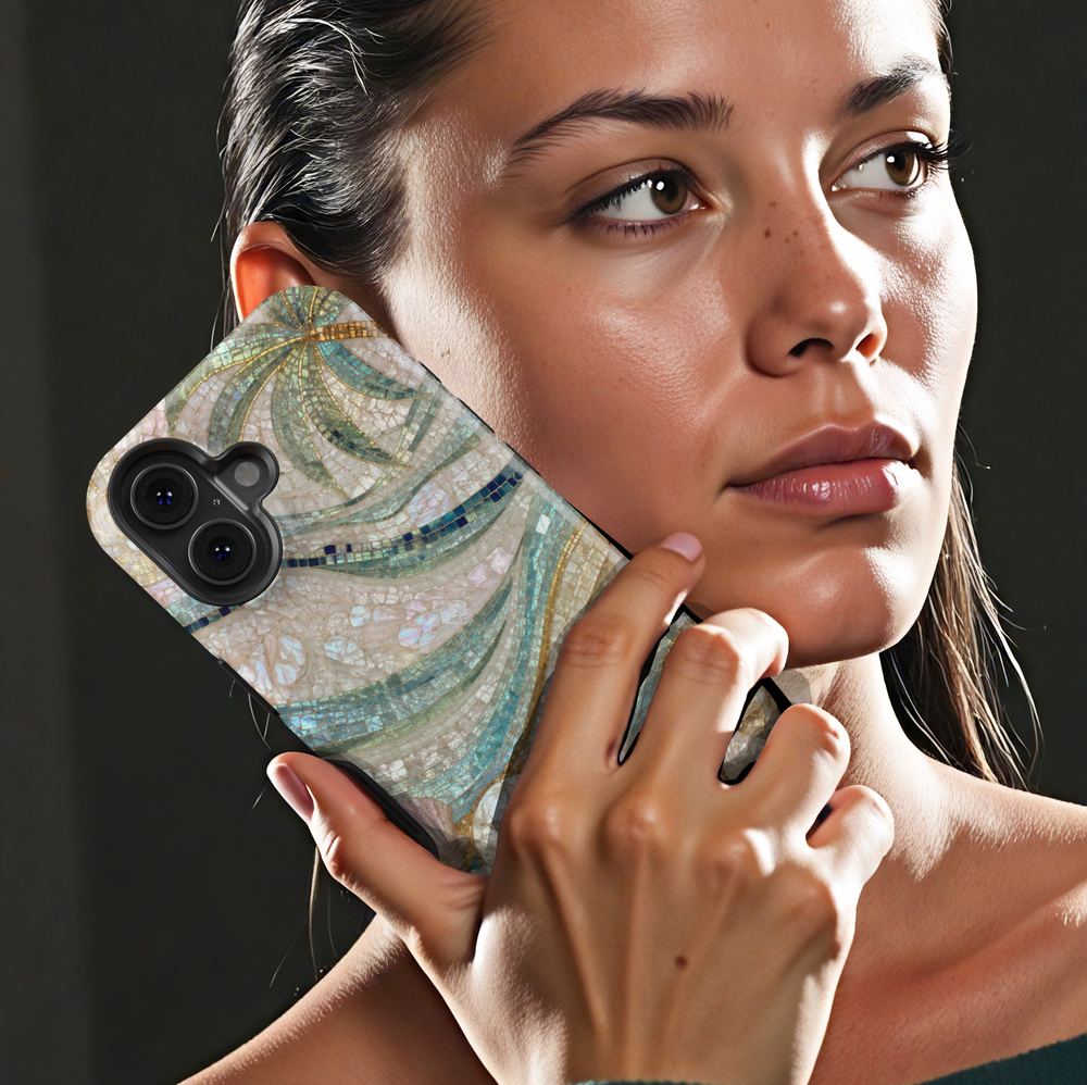 Elegant iPhone case featuring mosaic ocean waves, seashells, sand dollars, pearl details, and luxurious coastal artwork.