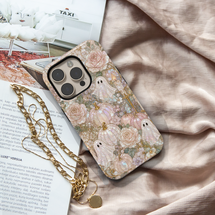 Elegant iPhone case featuring cute pearl ghosts, blush pumpkins, ivory roses, butterflies, candles, and luxurious coquette Halloween artwork.