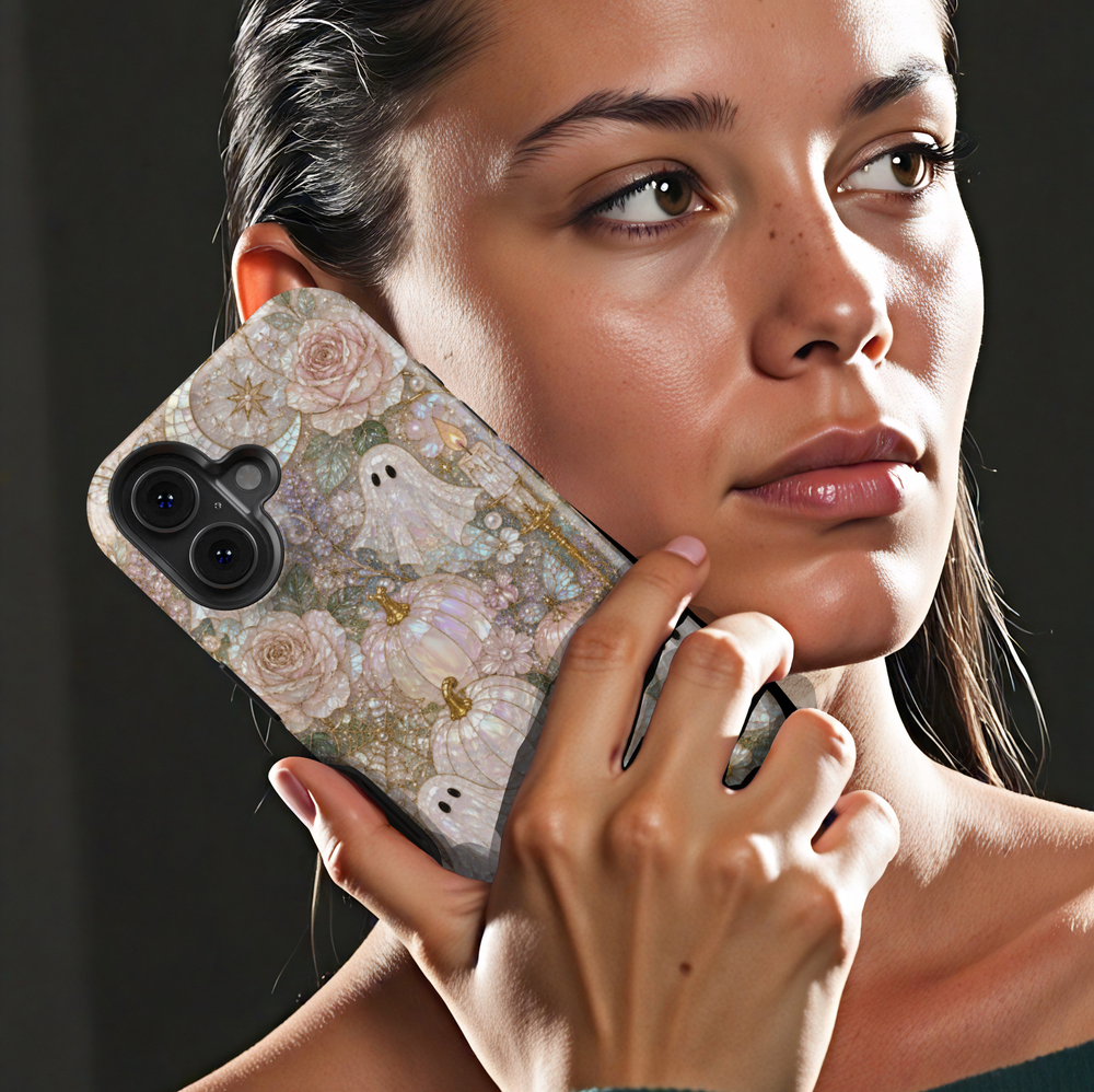 Elegant iPhone case featuring cute pearl ghosts, blush pumpkins, ivory roses, butterflies, candles, and luxurious coquette Halloween artwork.