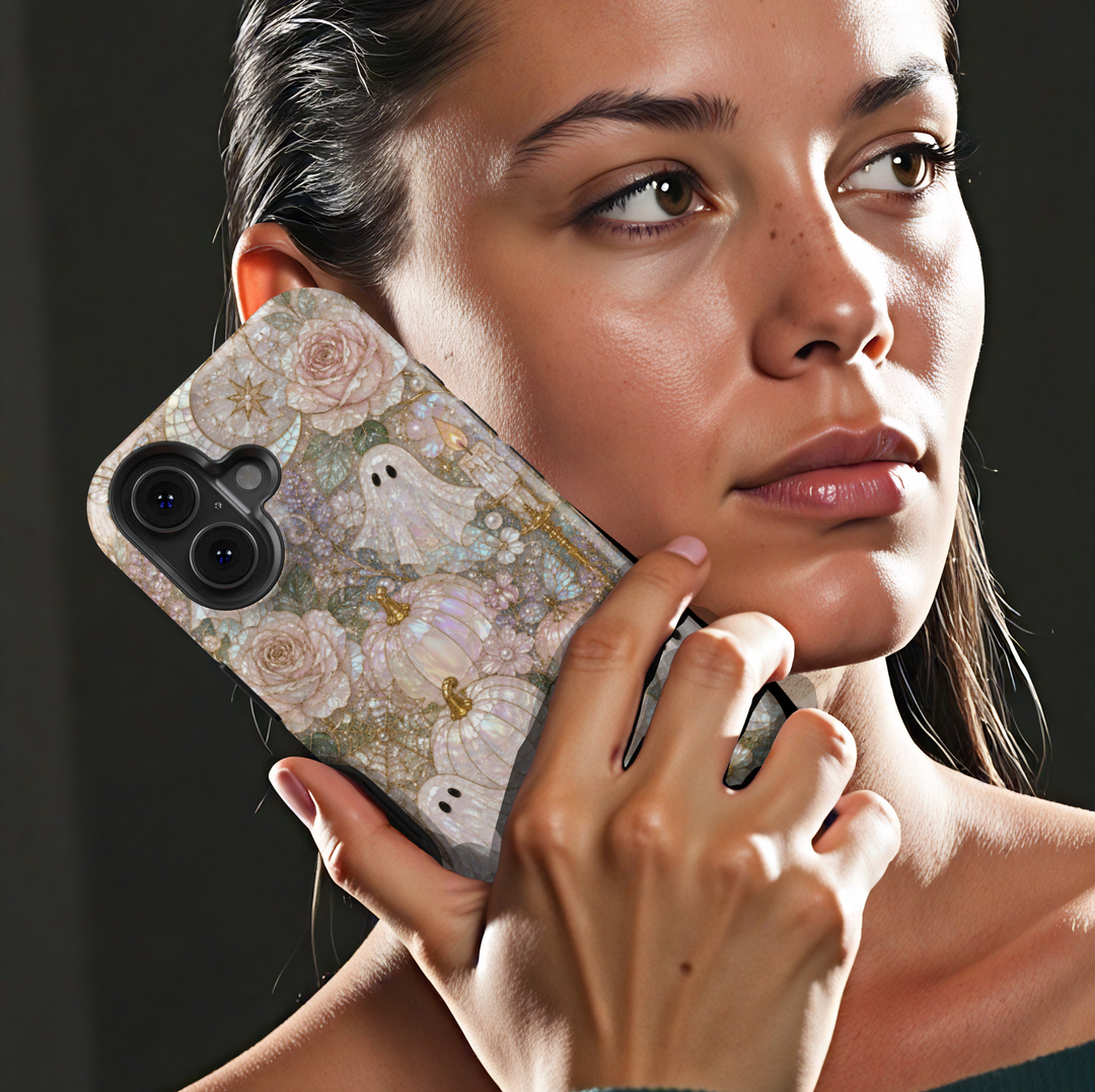 Elegant iPhone case featuring cute pearl ghosts, blush pumpkins, ivory roses, butterflies, candles, and luxurious coquette Halloween artwork.