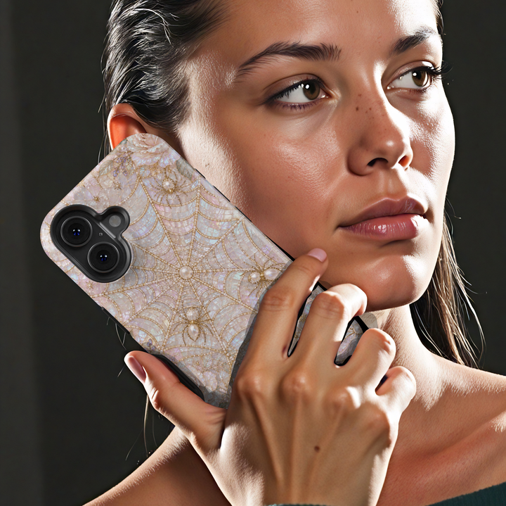 Elegant iPhone case featuring blush pink pearl spider webs, jeweled spiders, iridescent gemstones, florals, and luxurious gothic artwork.