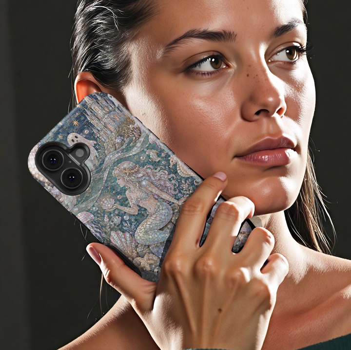 Elegant iPhone case featuring a pearlescent mermaid with cute ghosts, seashells, jellyfish, seahorses, and luxurious underwater ocean artwork.