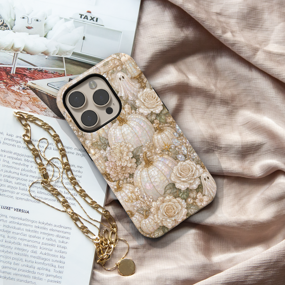 Elegant iPhone case featuring pearl pumpkins, ivory roses, delicate flowers, and luxurious neutral autumn artwork.