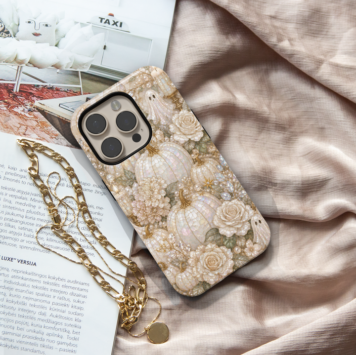 Elegant iPhone case featuring pearl pumpkins, ivory roses, delicate flowers, and luxurious neutral autumn artwork.