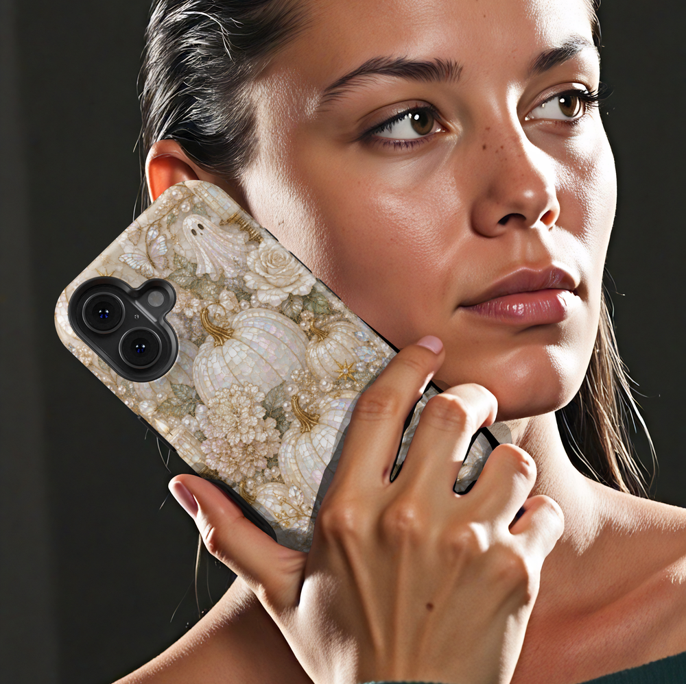 Elegant iPhone case featuring pearl pumpkins, ivory roses, delicate flowers, and luxurious neutral autumn artwork.