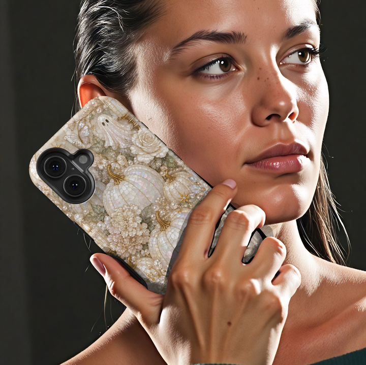 Elegant iPhone case featuring pearl pumpkins, ivory roses, delicate flowers, and luxurious neutral autumn artwork.