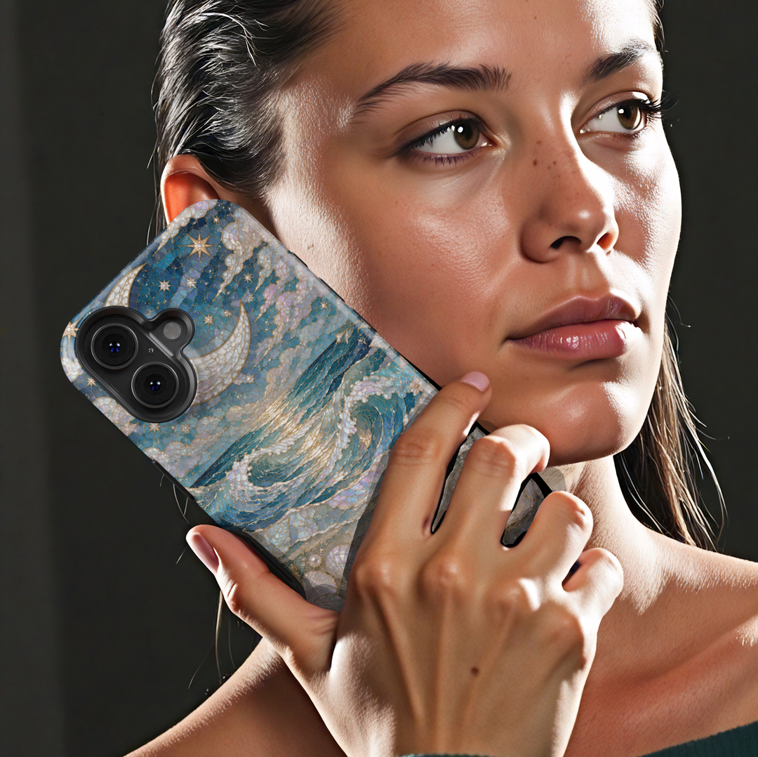 Elegant ocean wave iPhone case featuring moonlit sea, pearlescent seashells, starfish, and luxurious coastal artwork.