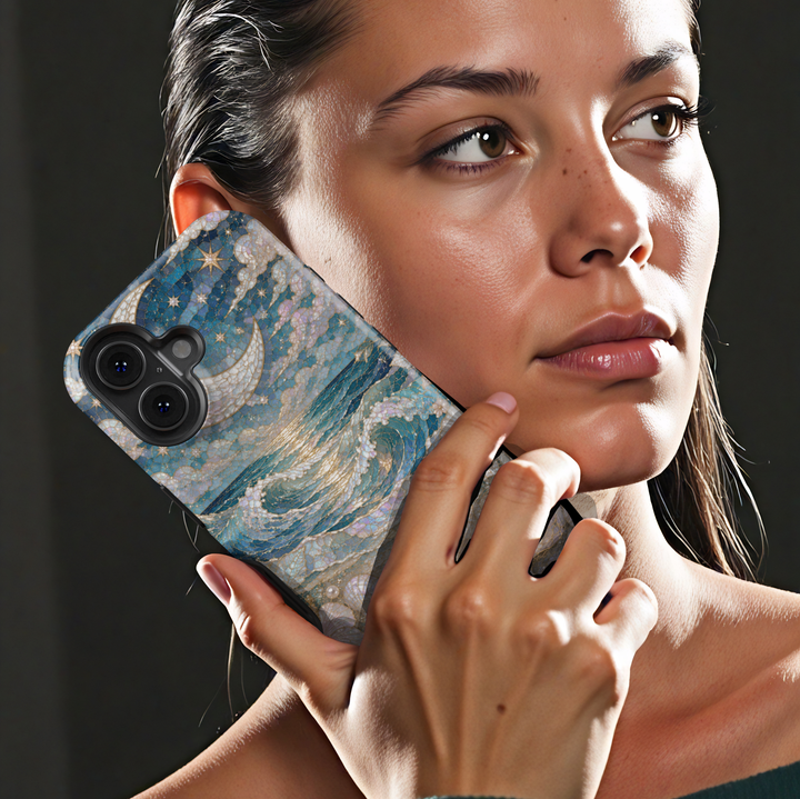 Elegant ocean wave iPhone case featuring moonlit sea, pearlescent seashells, starfish, and luxurious coastal artwork.