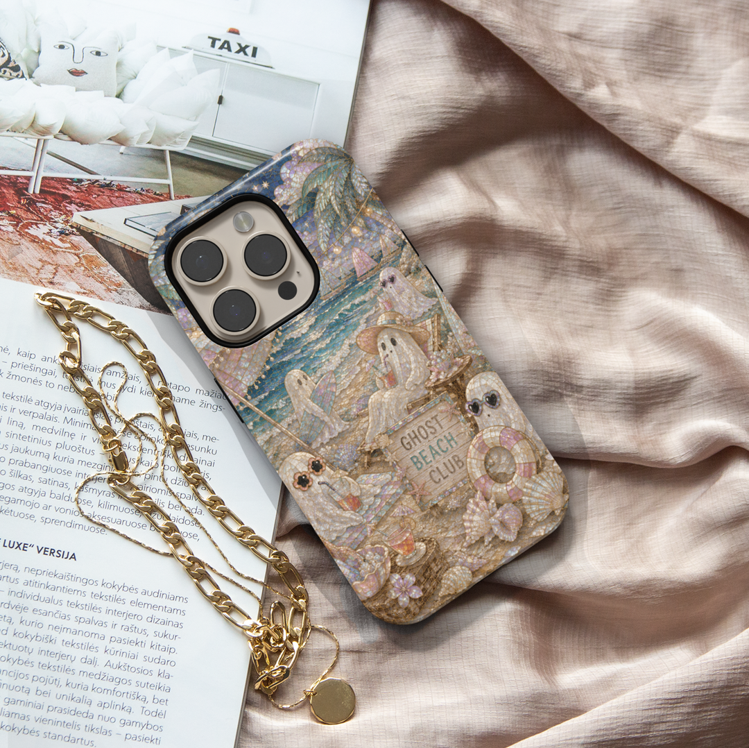 Cute Ghost Beach Club iPhone case featuring relaxing ghosts at the beach with surfboard, seashells, tropical drinks, sailboats, sunglasses, and coastal summer aesthetic.