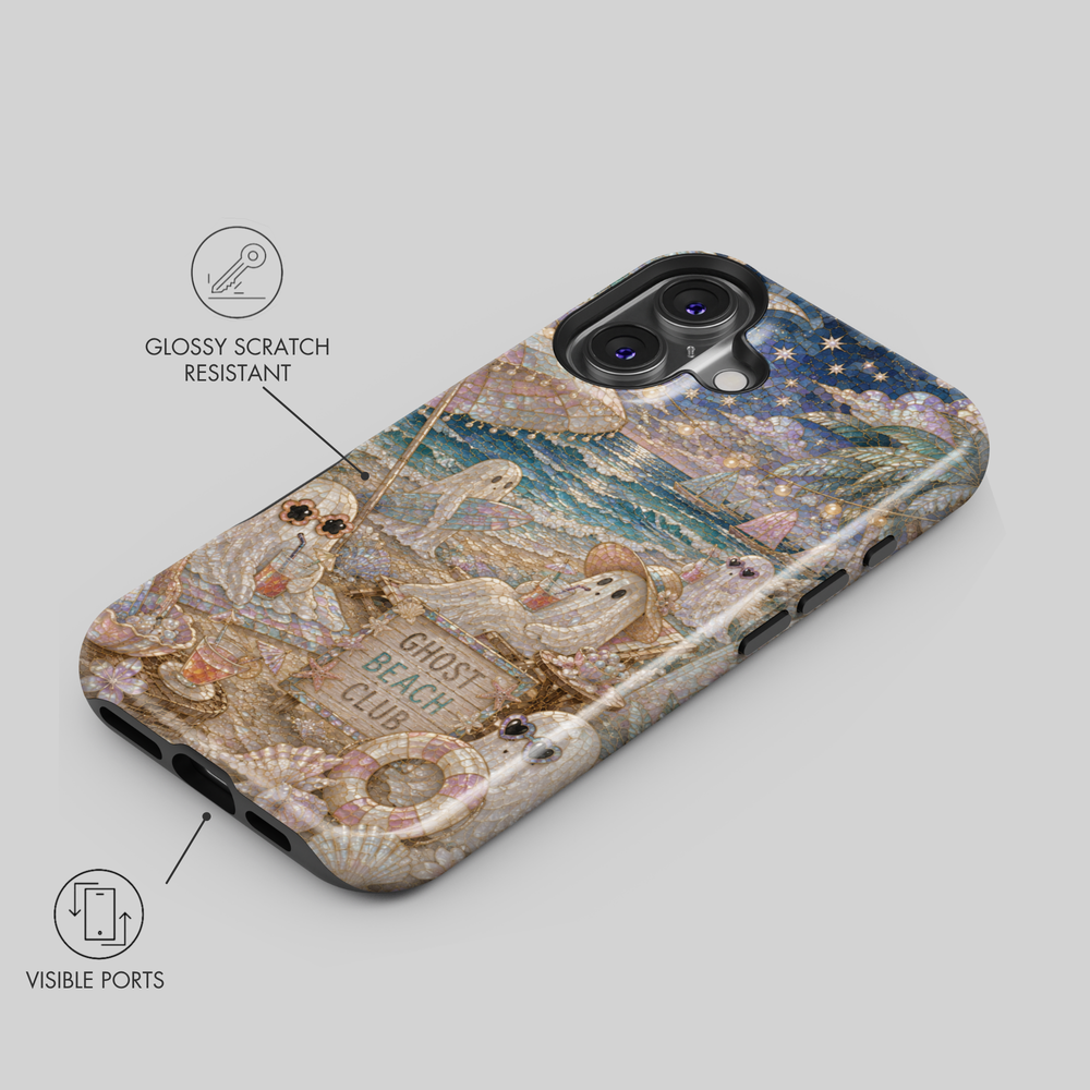 Cute Ghost Beach Club iPhone case featuring relaxing ghosts at the beach with surfboard, seashells, tropical drinks, sailboats, sunglasses, and coastal summer aesthetic.